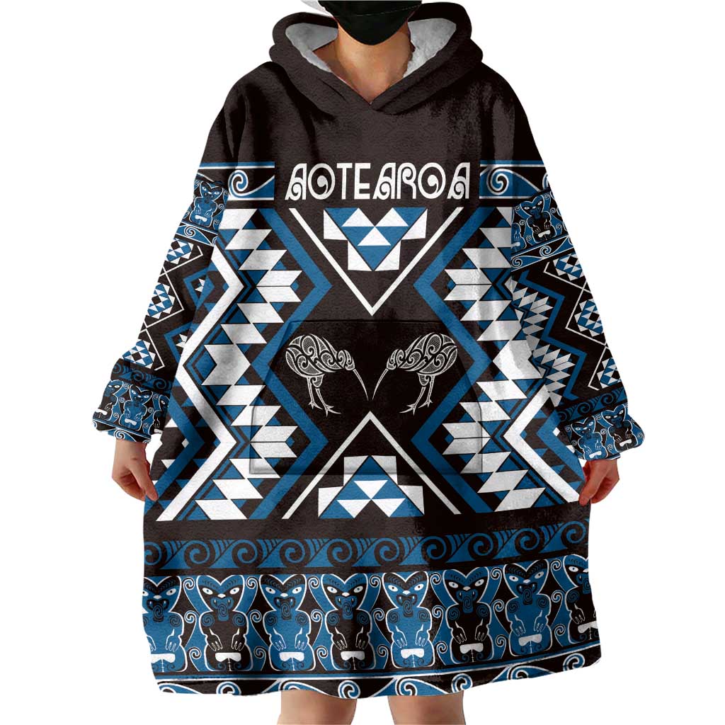 Personalised Taniko Motifs Aotearoa Wearable Blanket Hoodie Waitangi Kowhaiwhai Kiwi - Blue - Vibe Hoodie Shop