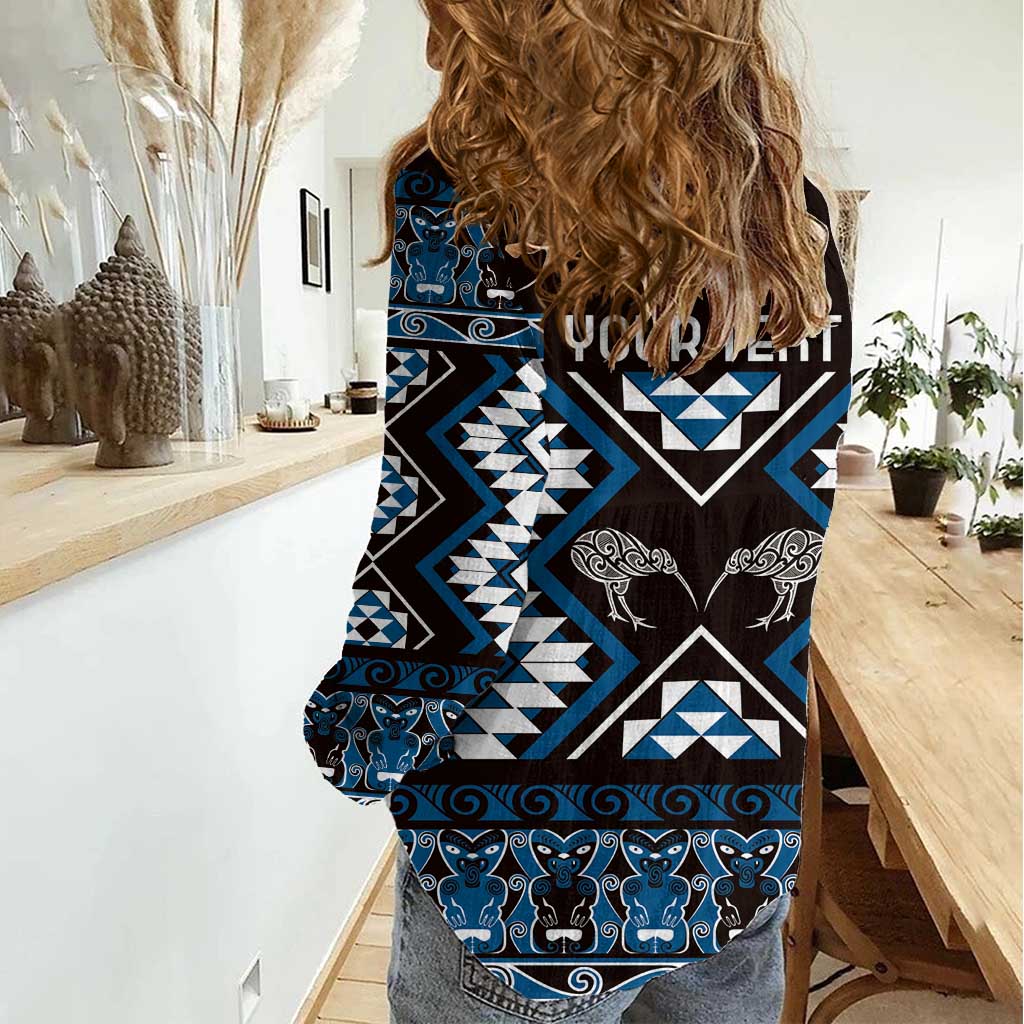 Personalised Taniko Motifs Aotearoa Women Casual Shirt Waitangi Kowhaiwhai Kiwi - Blue - Vibe Hoodie Shop