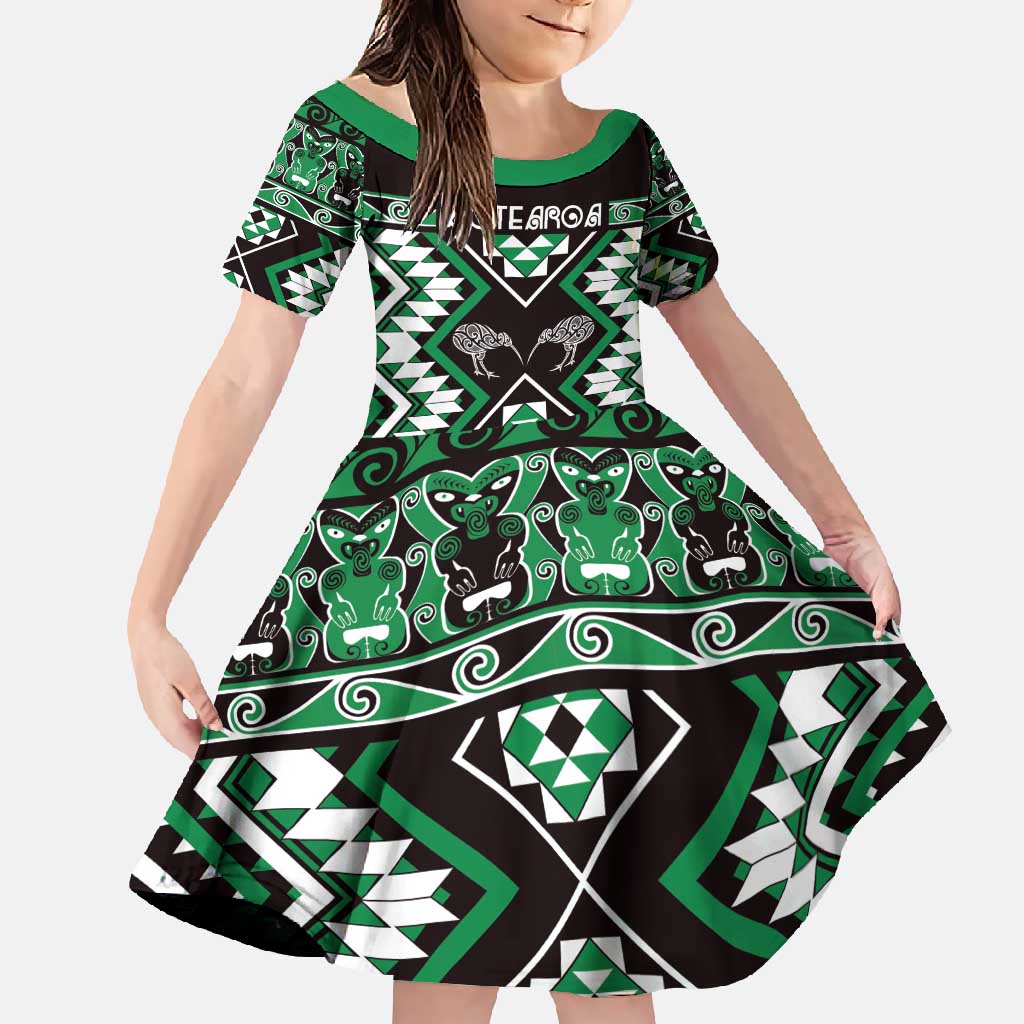 Personalised Taniko Motifs Aotearoa Family Matching Long Sleeve Bodycon Dress and Hawaiian Shirt Waitangi Kowhaiwhai Kiwi - Green