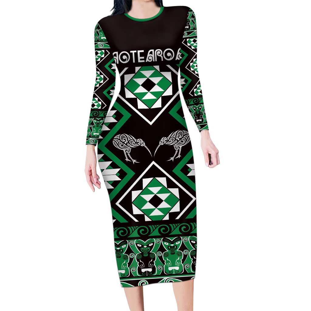 Personalised Taniko Motifs Aotearoa Family Matching Long Sleeve Bodycon Dress and Hawaiian Shirt Waitangi Kowhaiwhai Kiwi - Green