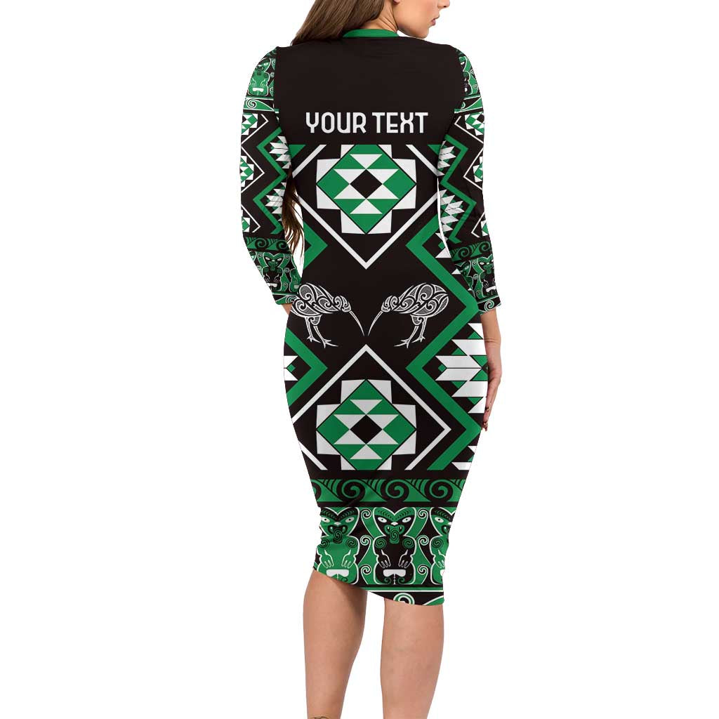 Personalised Taniko Motifs Aotearoa Family Matching Long Sleeve Bodycon Dress and Hawaiian Shirt Waitangi Kowhaiwhai Kiwi - Green