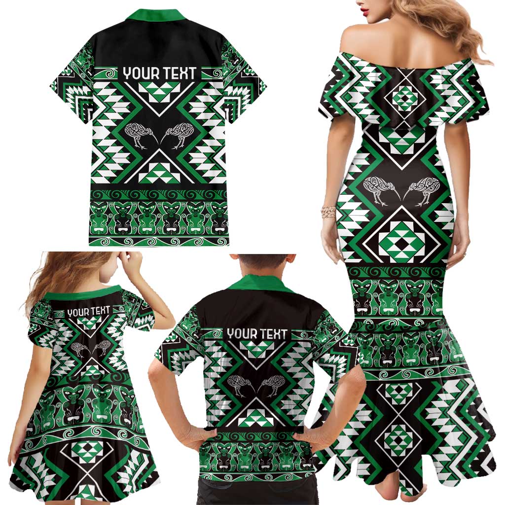 Personalised Taniko Motifs Aotearoa Family Matching Mermaid Dress and Hawaiian Shirt Waitangi Kowhaiwhai Kiwi - Green