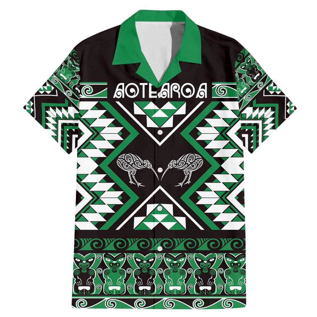 Personalised Taniko Motifs Aotearoa Family Matching Mermaid Dress and Hawaiian Shirt Waitangi Kowhaiwhai Kiwi - Green