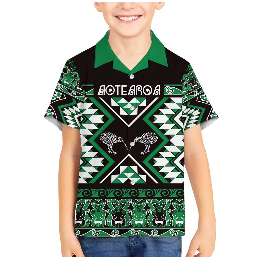 Personalised Taniko Motifs Aotearoa Family Matching Mermaid Dress and Hawaiian Shirt Waitangi Kowhaiwhai Kiwi - Green