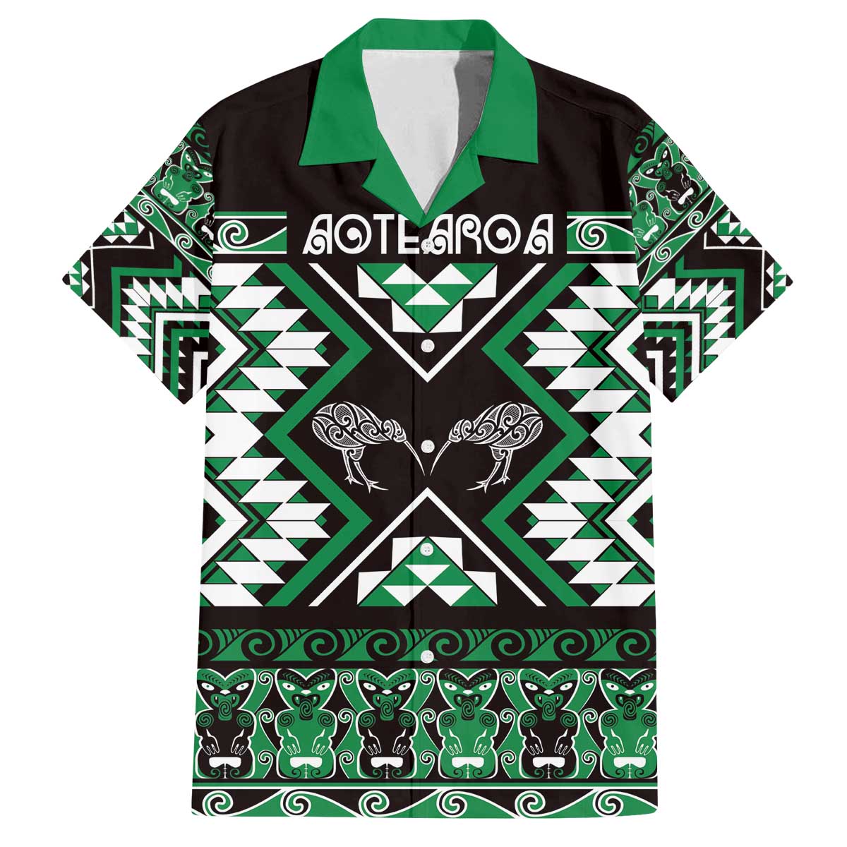 Personalised Taniko Motifs Aotearoa Family Matching Off The Shoulder Long Sleeve Dress and Hawaiian Shirt Waitangi Kowhaiwhai Kiwi - Green