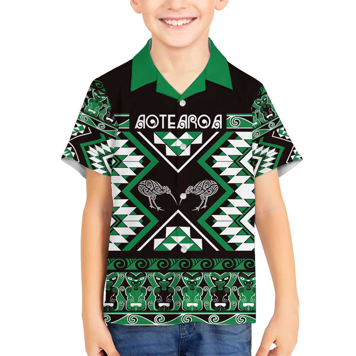 Personalised Taniko Motifs Aotearoa Family Matching Off The Shoulder Long Sleeve Dress and Hawaiian Shirt Waitangi Kowhaiwhai Kiwi - Green