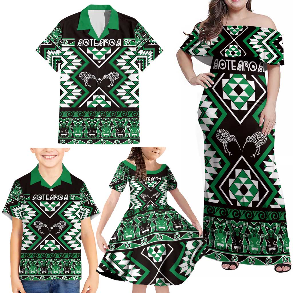 Personalised Taniko Motifs Aotearoa Family Matching Off Shoulder Maxi Dress and Hawaiian Shirt Waitangi Kowhaiwhai Kiwi - Green