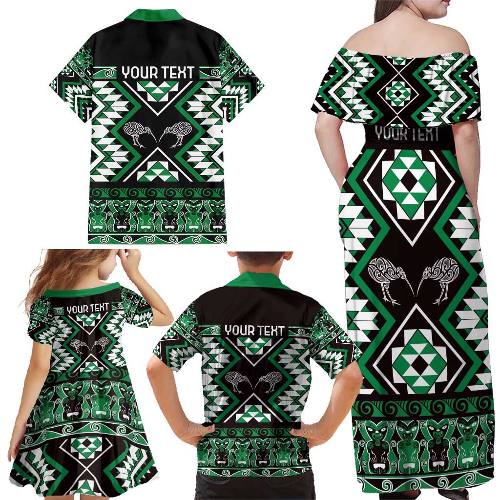 Personalised Taniko Motifs Aotearoa Family Matching Off Shoulder Maxi Dress and Hawaiian Shirt Waitangi Kowhaiwhai Kiwi - Green