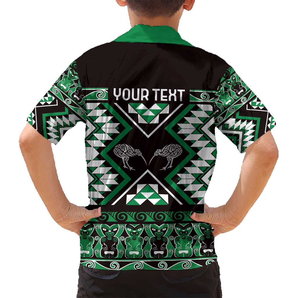 Personalised Taniko Motifs Aotearoa Family Matching Off Shoulder Short Dress and Hawaiian Shirt Waitangi Kowhaiwhai Kiwi - Green