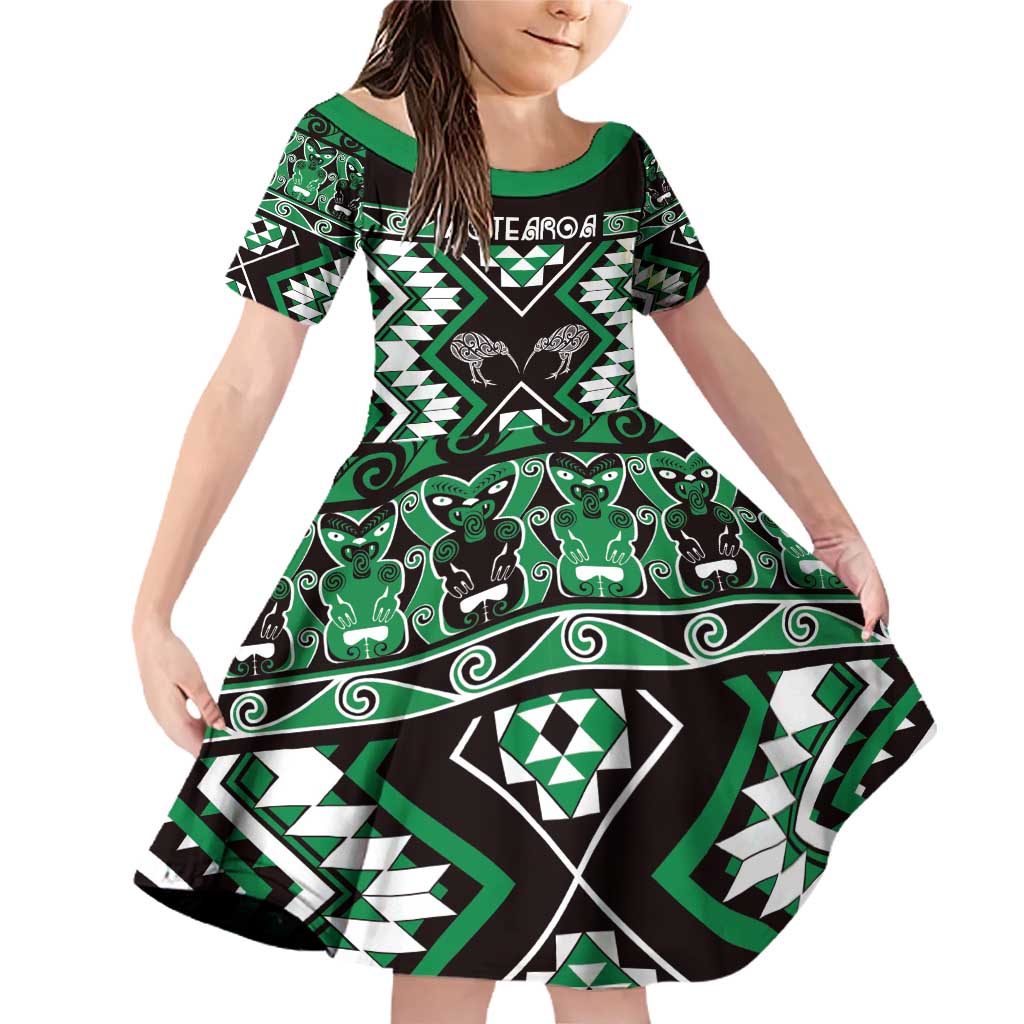 Personalised Taniko Motifs Aotearoa Family Matching Off Shoulder Short Dress and Hawaiian Shirt Waitangi Kowhaiwhai Kiwi - Green