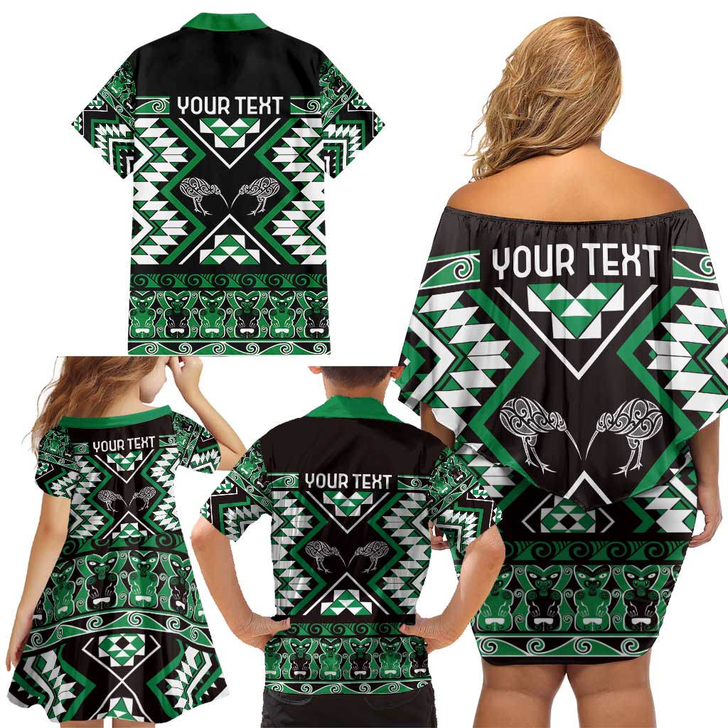 Personalised Taniko Motifs Aotearoa Family Matching Off Shoulder Short Dress and Hawaiian Shirt Waitangi Kowhaiwhai Kiwi - Green