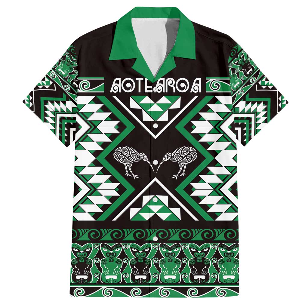 Personalised Taniko Motifs Aotearoa Family Matching Off Shoulder Short Dress and Hawaiian Shirt Waitangi Kowhaiwhai Kiwi - Green