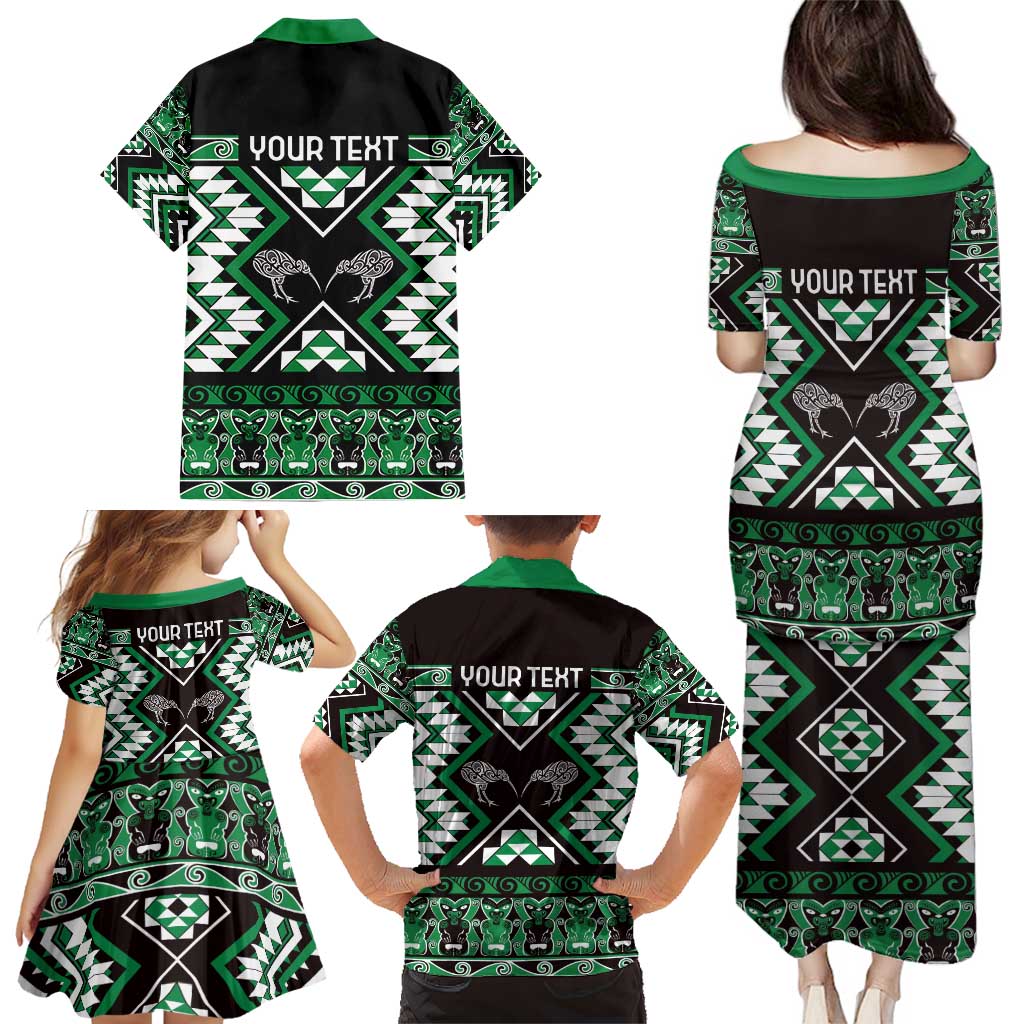 Personalised Taniko Motifs Aotearoa Family Matching Puletasi and Hawaiian Shirt Waitangi Kowhaiwhai Kiwi - Green