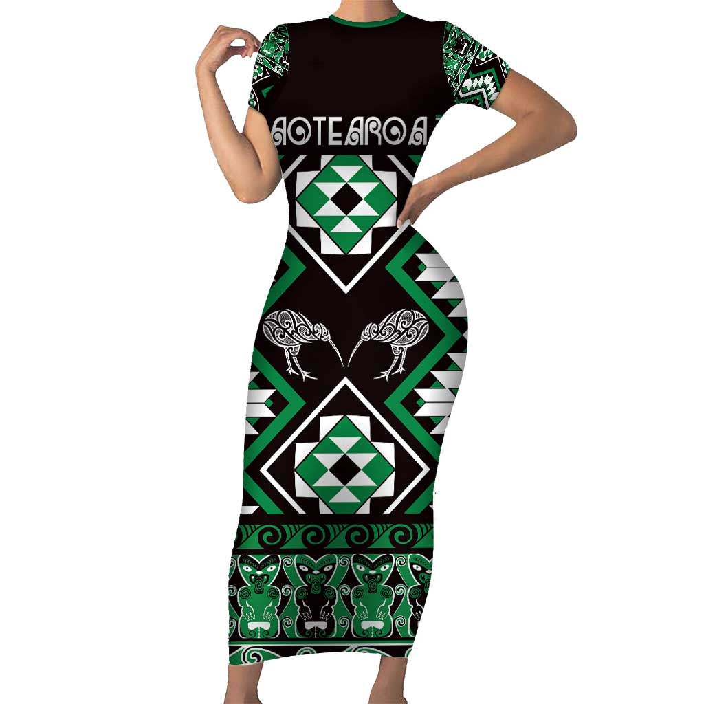 Personalised Taniko Motifs Aotearoa Family Matching Short Sleeve Bodycon Dress and Hawaiian Shirt Waitangi Kowhaiwhai Kiwi - Green