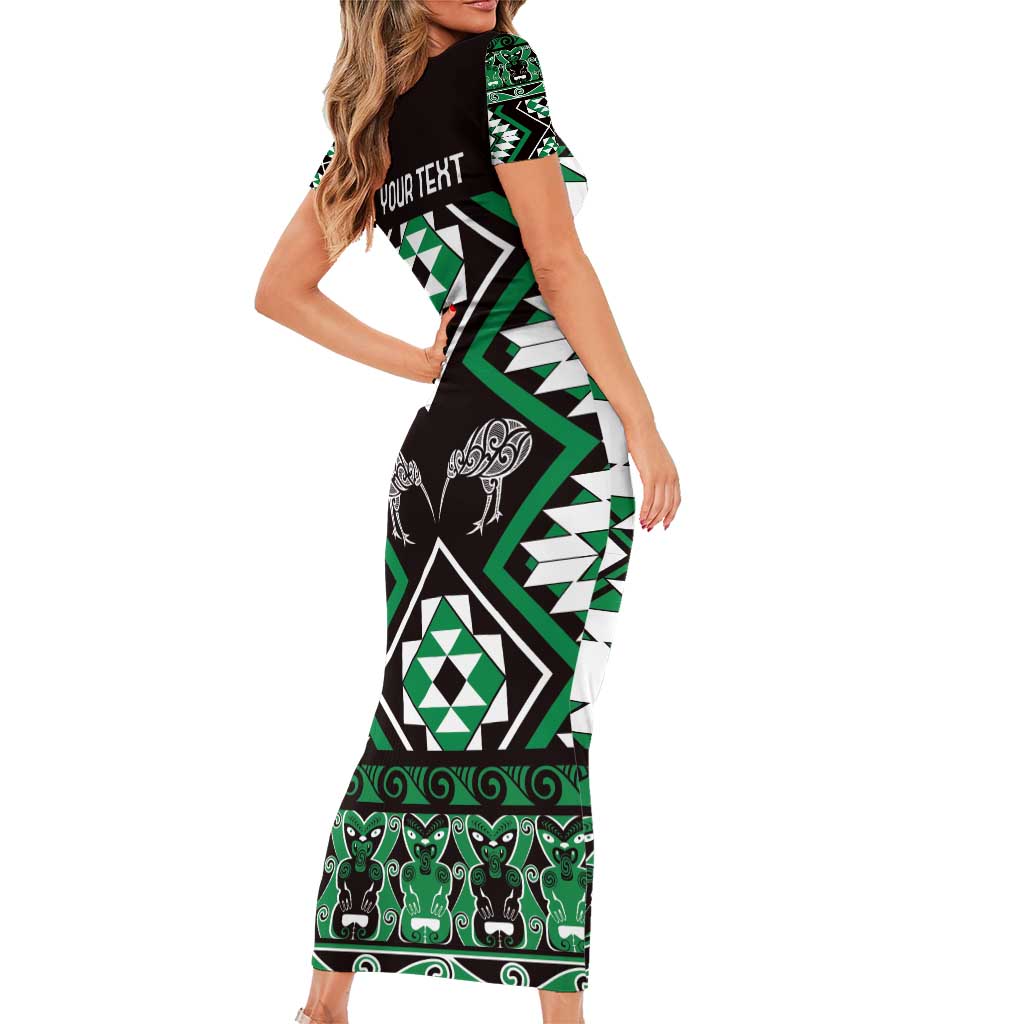 Personalised Taniko Motifs Aotearoa Family Matching Short Sleeve Bodycon Dress and Hawaiian Shirt Waitangi Kowhaiwhai Kiwi - Green