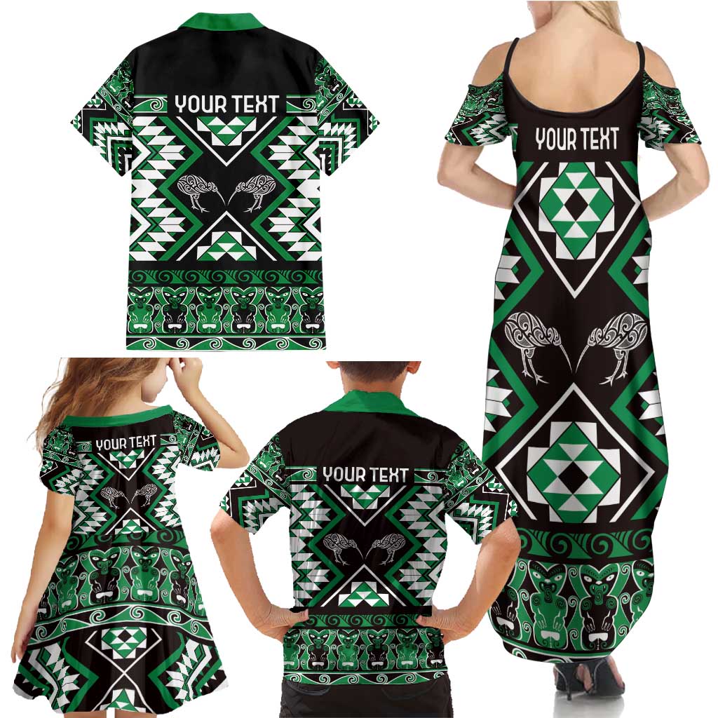 Personalised Taniko Motifs Aotearoa Family Matching Summer Maxi Dress and Hawaiian Shirt Waitangi Kowhaiwhai Kiwi - Green