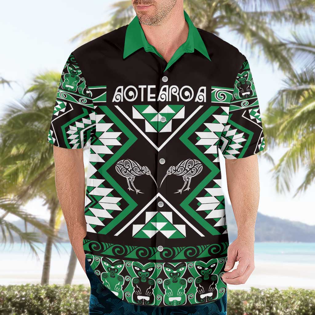 Personalised Taniko Motifs Aotearoa Hawaiian Shirt Waitangi Kowhaiwhai Kiwi - Green - Vibe Hoodie Shop