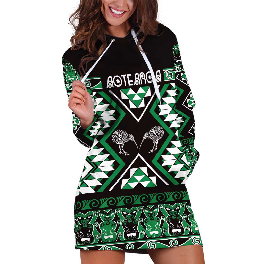 Personalised Taniko Motifs Aotearoa Hoodie Dress Waitangi Kowhaiwhai Kiwi - Green - Vibe Hoodie Shop