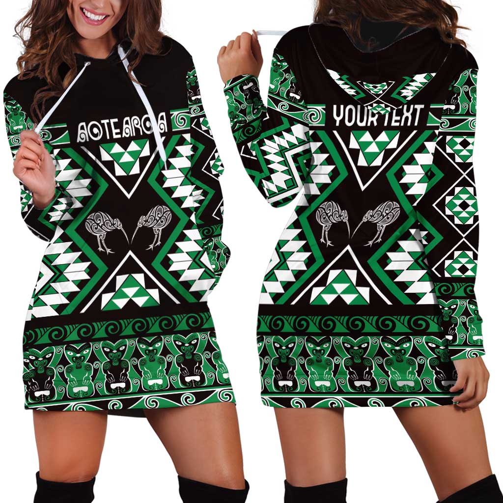 Personalised Taniko Motifs Aotearoa Hoodie Dress Waitangi Kowhaiwhai Kiwi - Green - Vibe Hoodie Shop