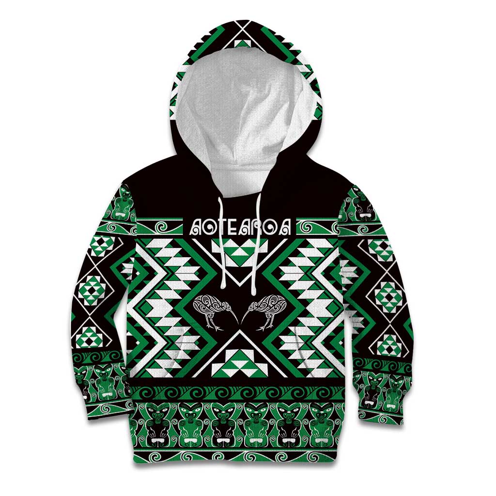 Personalised Taniko Motifs Aotearoa Kid Hoodie Waitangi Kowhaiwhai Kiwi - Green - Vibe Hoodie Shop