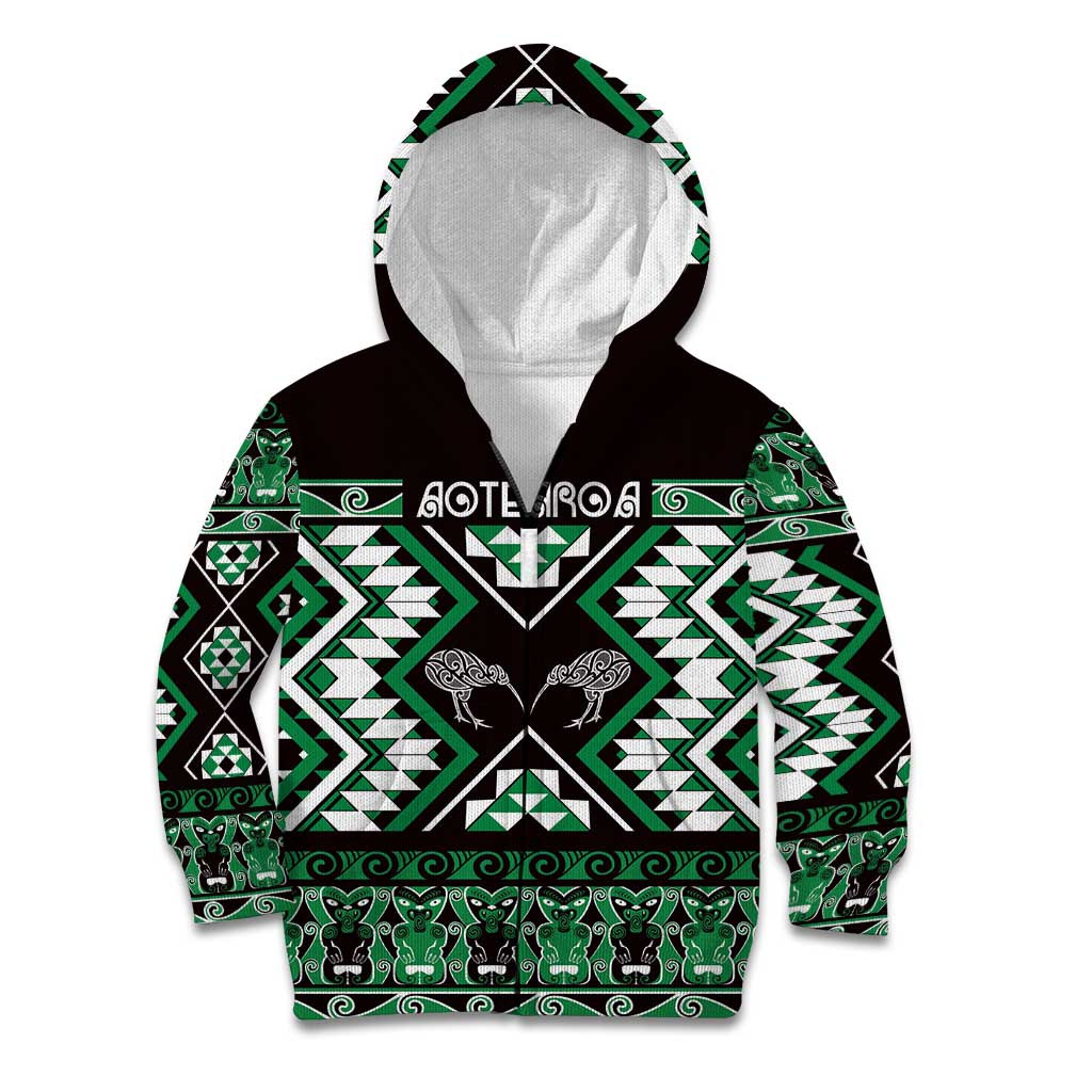 Personalised Taniko Motifs Aotearoa Kid Hoodie Waitangi Kowhaiwhai Kiwi - Green - Vibe Hoodie Shop