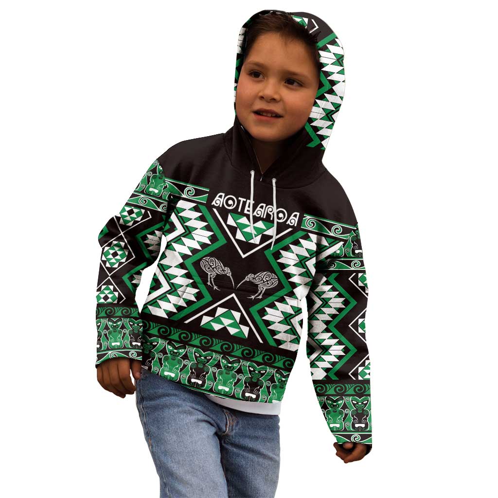 Personalised Taniko Motifs Aotearoa Kid Hoodie Waitangi Kowhaiwhai Kiwi - Green - Vibe Hoodie Shop