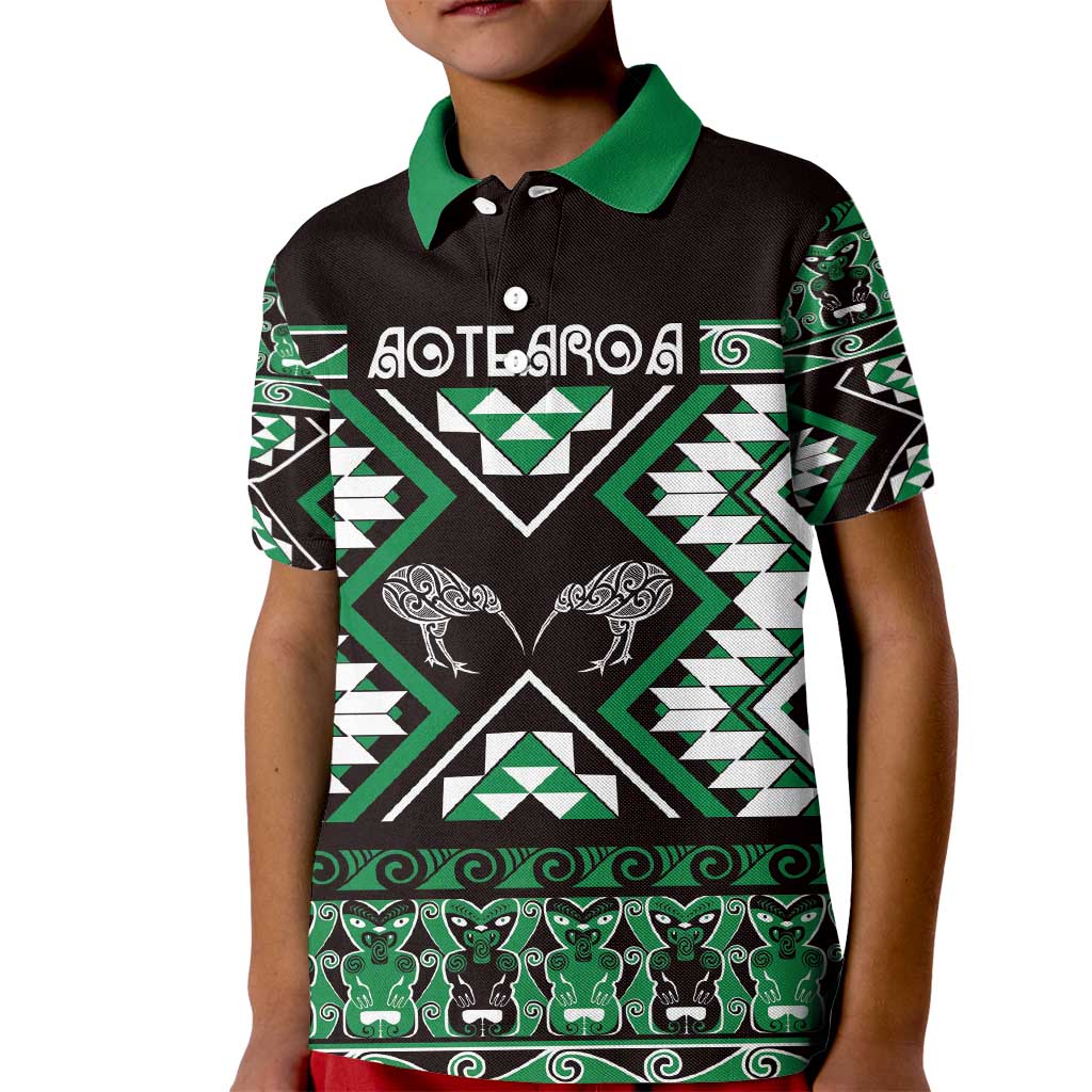 Personalised Taniko Motifs Aotearoa Kid Polo Shirt Waitangi Kowhaiwhai Kiwi - Green - Vibe Hoodie Shop