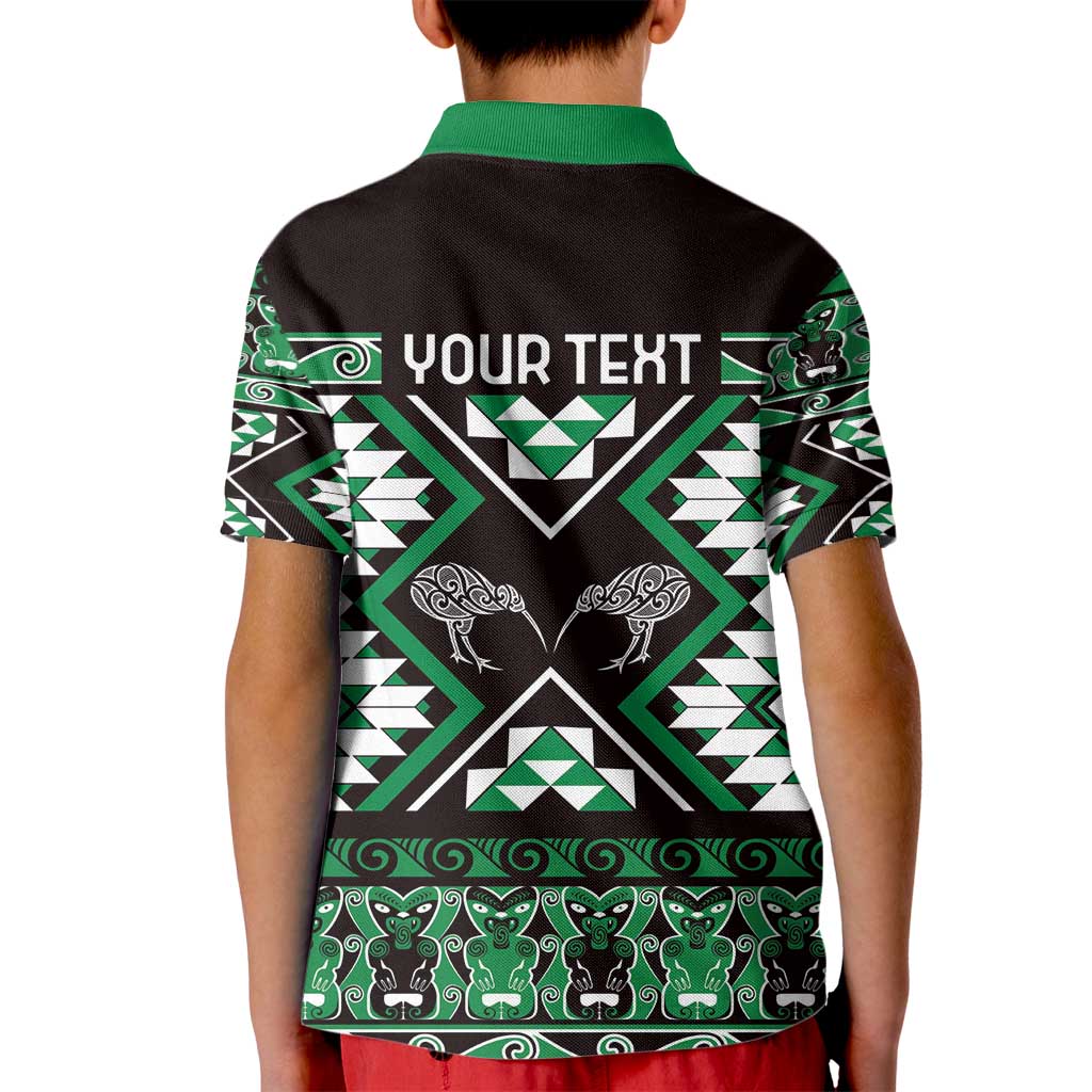 Personalised Taniko Motifs Aotearoa Kid Polo Shirt Waitangi Kowhaiwhai Kiwi - Green - Vibe Hoodie Shop