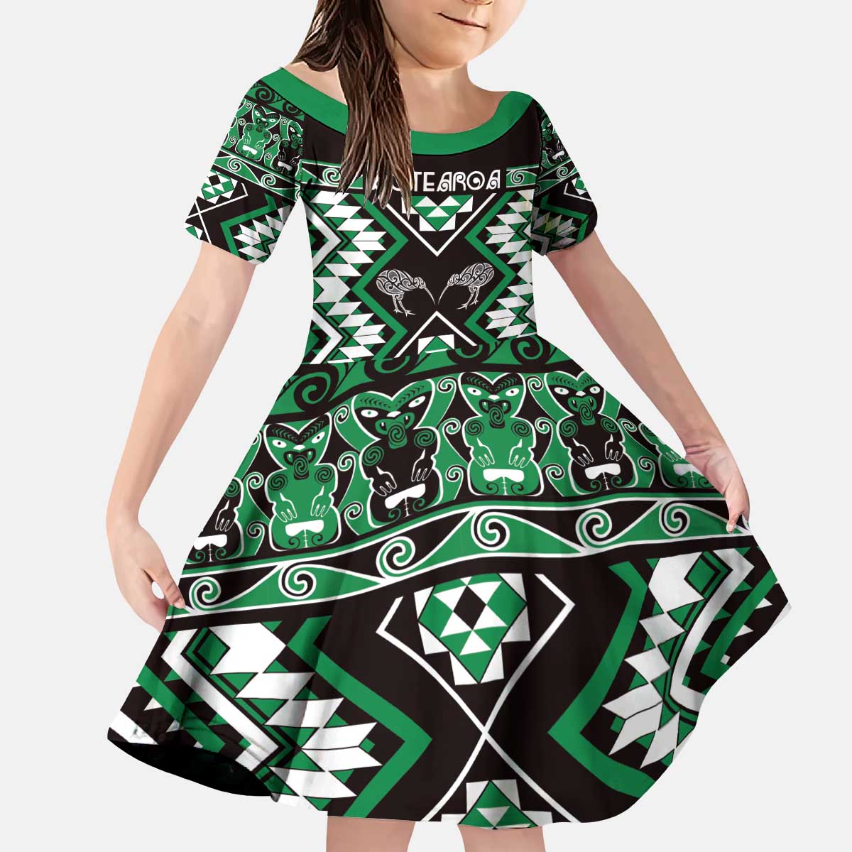 Personalised Taniko Motifs Aotearoa Kid Short Sleeve Dress Waitangi Kowhaiwhai Kiwi - Green - Vibe Hoodie Shop