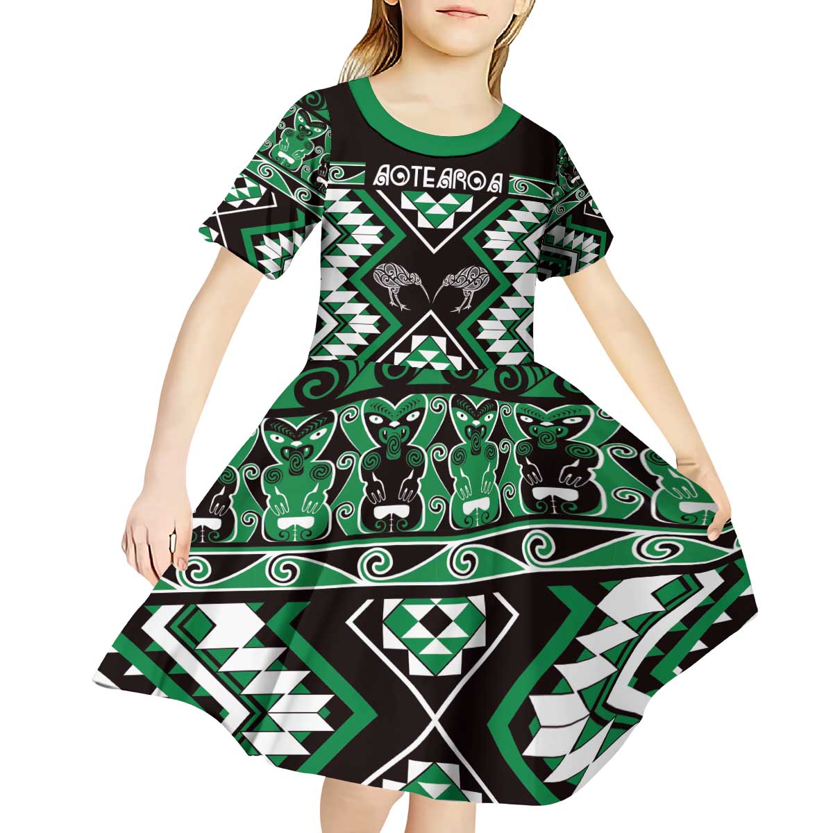 Personalised Taniko Motifs Aotearoa Kid Short Sleeve Dress Waitangi Kowhaiwhai Kiwi - Green - Vibe Hoodie Shop