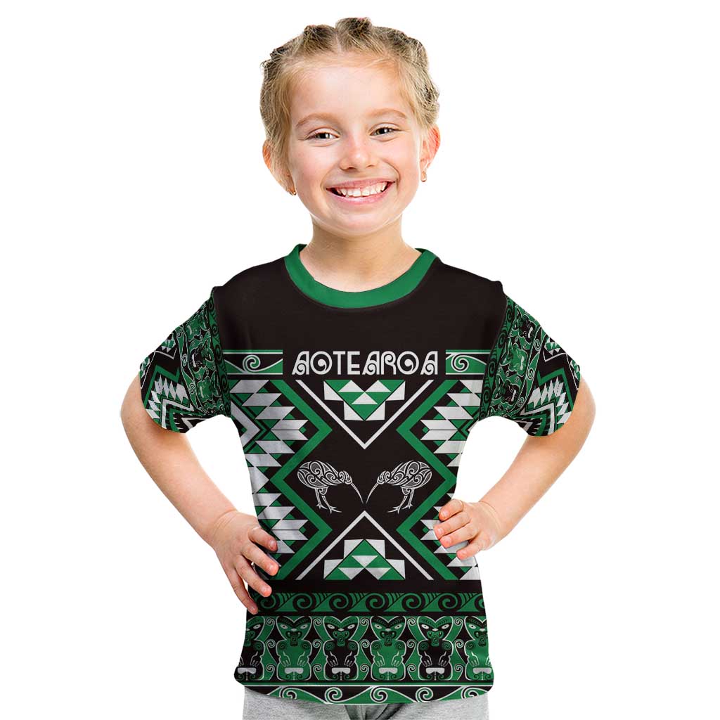 Personalised Taniko Motifs Aotearoa Kid T Shirt Waitangi Kowhaiwhai Kiwi - Green - Vibe Hoodie Shop