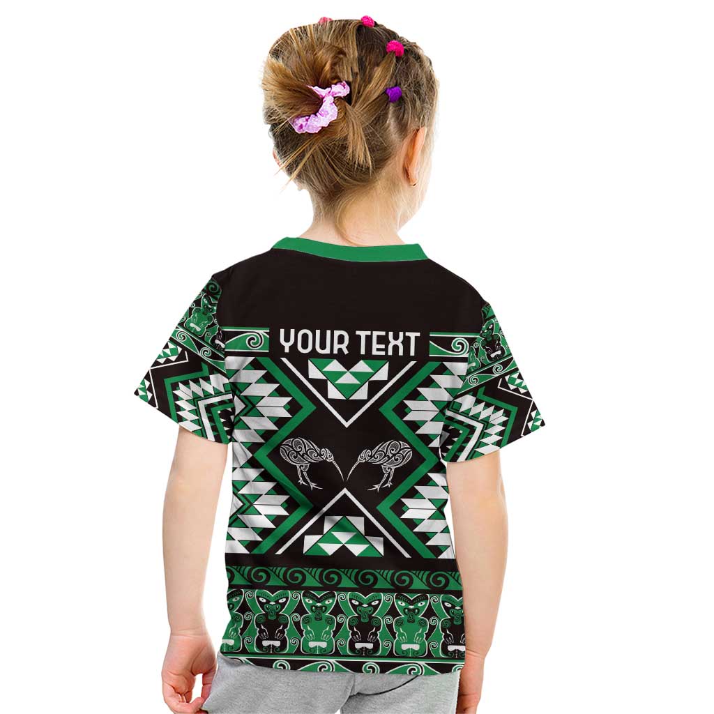 Personalised Taniko Motifs Aotearoa Kid T Shirt Waitangi Kowhaiwhai Kiwi - Green - Vibe Hoodie Shop