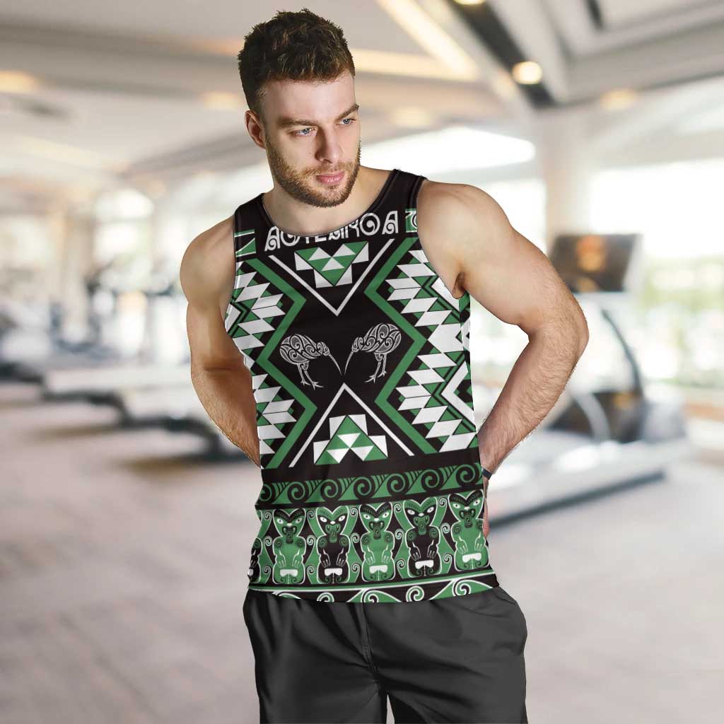 Personalised Taniko Motifs Aotearoa Men Tank Top Waitangi Kowhaiwhai Kiwi - Green - Vibe Hoodie Shop