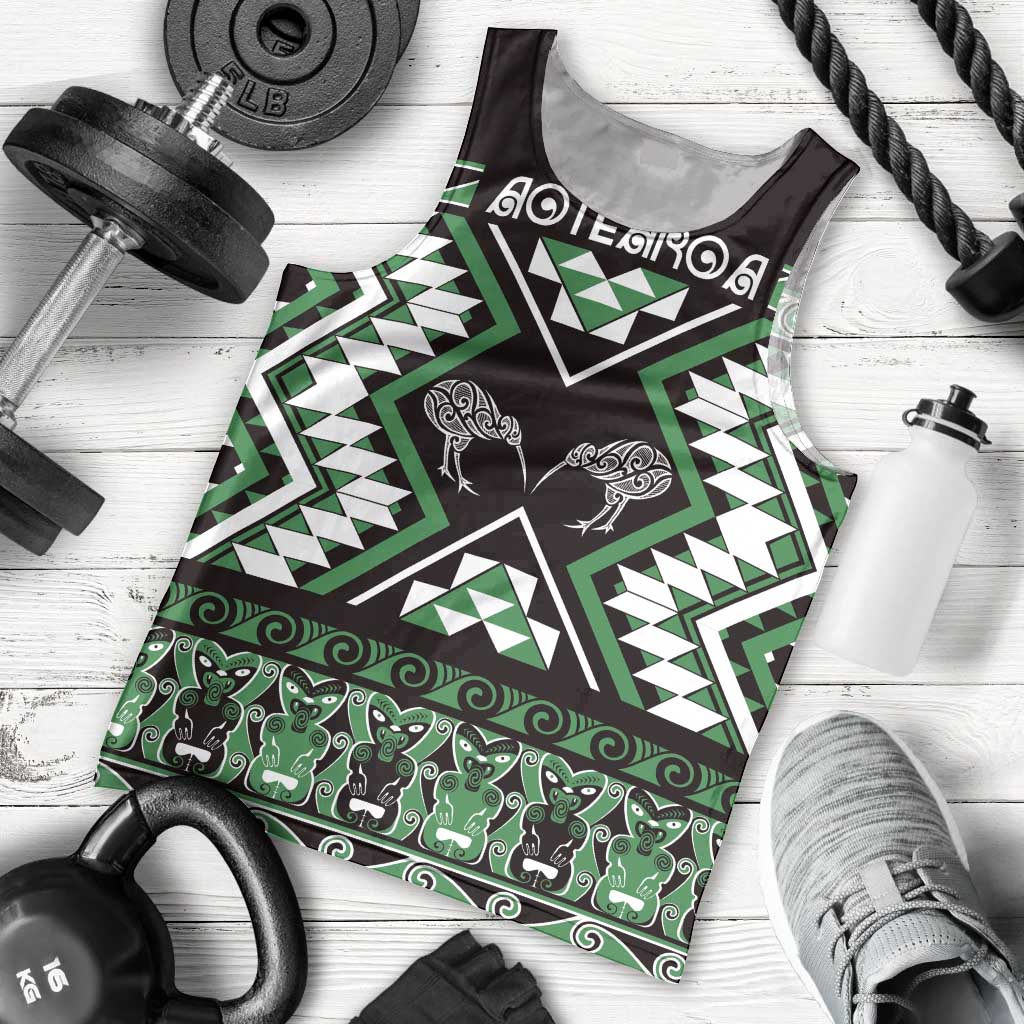 Personalised Taniko Motifs Aotearoa Men Tank Top Waitangi Kowhaiwhai Kiwi - Green - Vibe Hoodie Shop