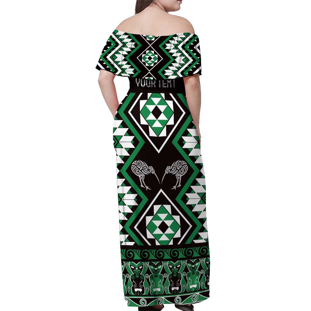 Personalised Taniko Motifs Aotearoa Off Shoulder Maxi Dress Waitangi Kowhaiwhai Kiwi - Green