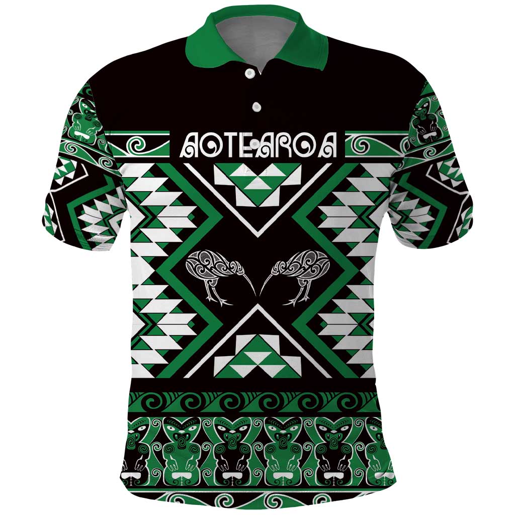 Personalised Taniko Motifs Aotearoa Polo Shirt Waitangi Kowhaiwhai Kiwi - Green - Vibe Hoodie Shop