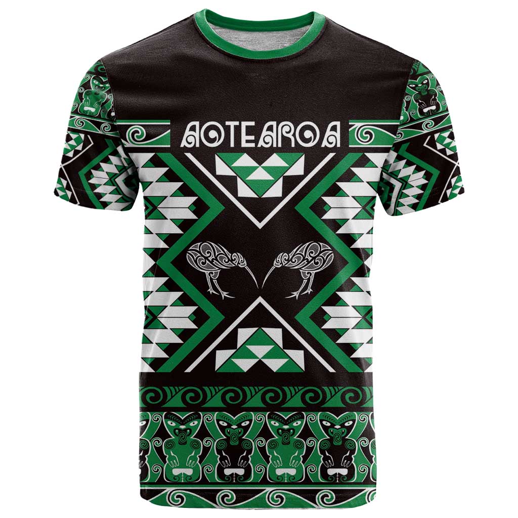 Personalised Taniko Motifs Aotearoa T Shirt Waitangi Kowhaiwhai Kiwi - Green - Vibe Hoodie Shop