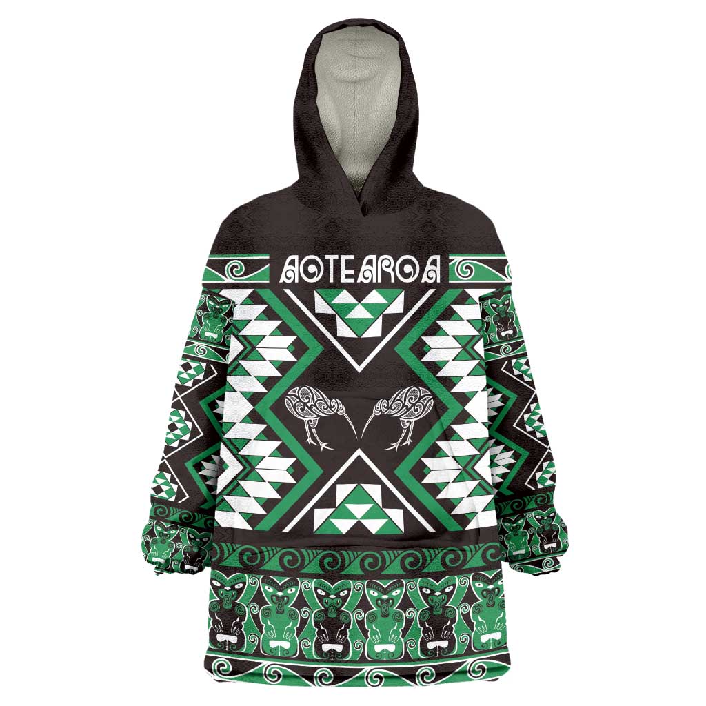 Personalised Taniko Motifs Aotearoa Wearable Blanket Hoodie Waitangi Kowhaiwhai Kiwi - Green - Vibe Hoodie Shop