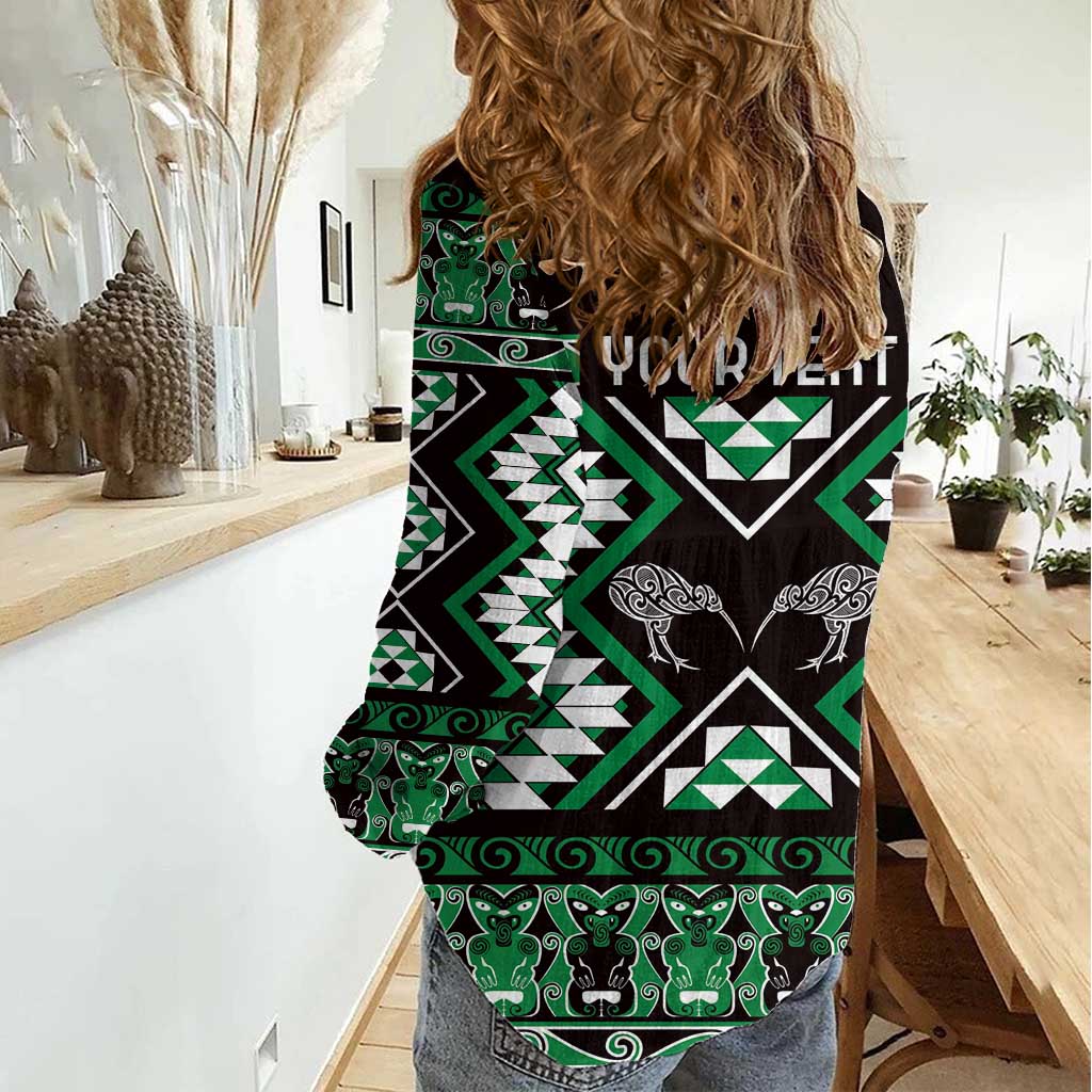 Personalised Taniko Motifs Aotearoa Women Casual Shirt Waitangi Kowhaiwhai Kiwi - Green - Vibe Hoodie Shop