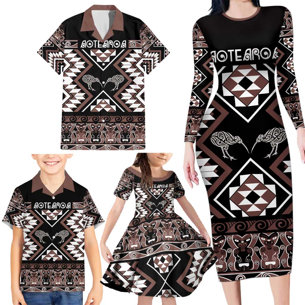 Personalised Taniko Motifs Aotearoa Family Matching Long Sleeve Bodycon Dress and Hawaiian Shirt Waitangi Kowhaiwhai Kiwi - Mocha