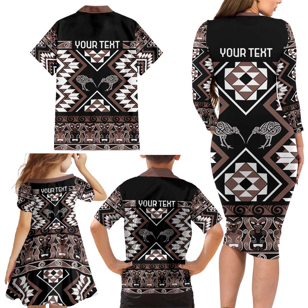 Personalised Taniko Motifs Aotearoa Family Matching Long Sleeve Bodycon Dress and Hawaiian Shirt Waitangi Kowhaiwhai Kiwi - Mocha