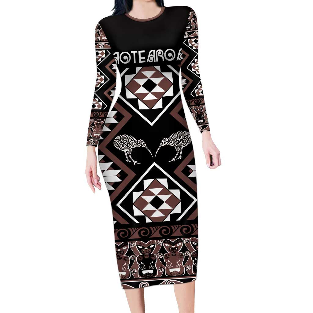 Personalised Taniko Motifs Aotearoa Family Matching Long Sleeve Bodycon Dress and Hawaiian Shirt Waitangi Kowhaiwhai Kiwi - Mocha