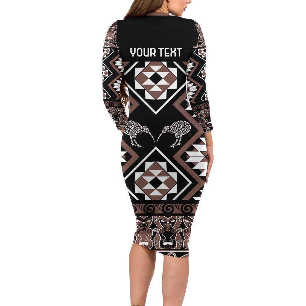 Personalised Taniko Motifs Aotearoa Family Matching Long Sleeve Bodycon Dress and Hawaiian Shirt Waitangi Kowhaiwhai Kiwi - Mocha