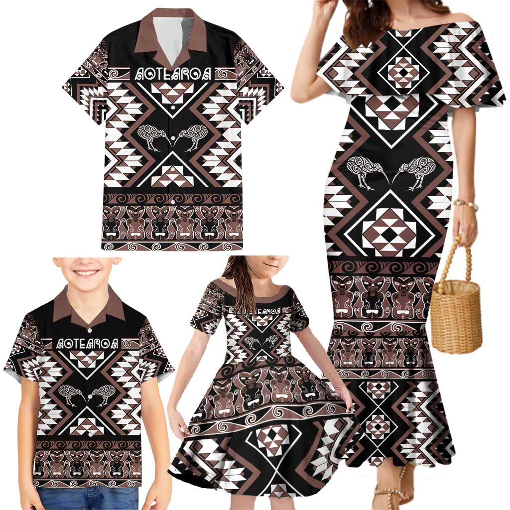 Personalised Taniko Motifs Aotearoa Family Matching Mermaid Dress and Hawaiian Shirt Waitangi Kowhaiwhai Kiwi - Mocha