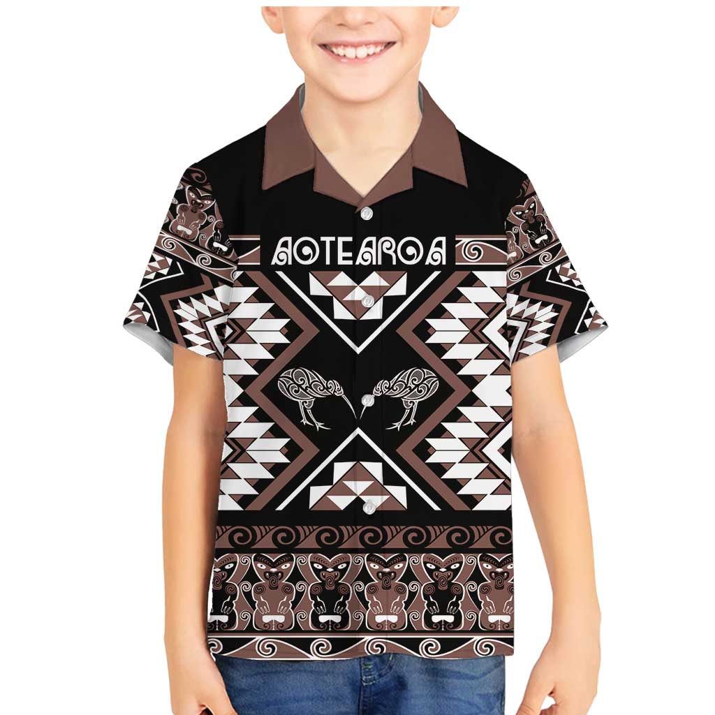 Personalised Taniko Motifs Aotearoa Family Matching Mermaid Dress and Hawaiian Shirt Waitangi Kowhaiwhai Kiwi - Mocha