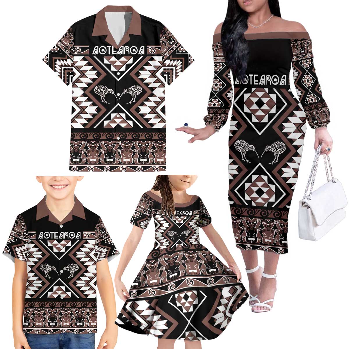 Personalised Taniko Motifs Aotearoa Family Matching Off The Shoulder Long Sleeve Dress and Hawaiian Shirt Waitangi Kowhaiwhai Kiwi - Mocha