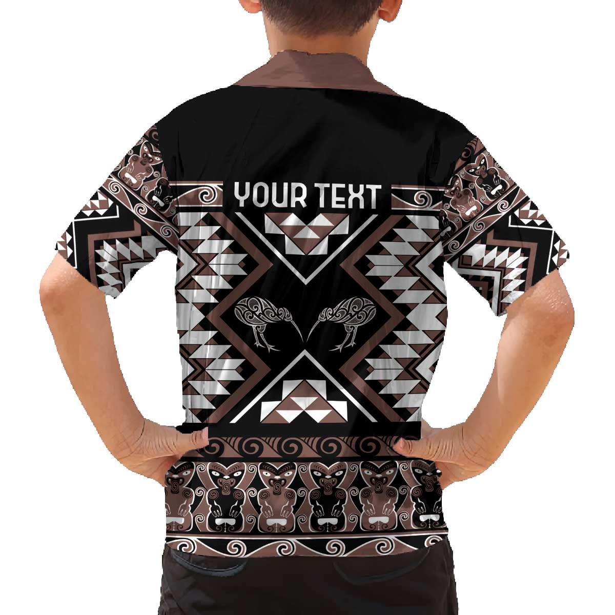 Personalised Taniko Motifs Aotearoa Family Matching Off The Shoulder Long Sleeve Dress and Hawaiian Shirt Waitangi Kowhaiwhai Kiwi - Mocha