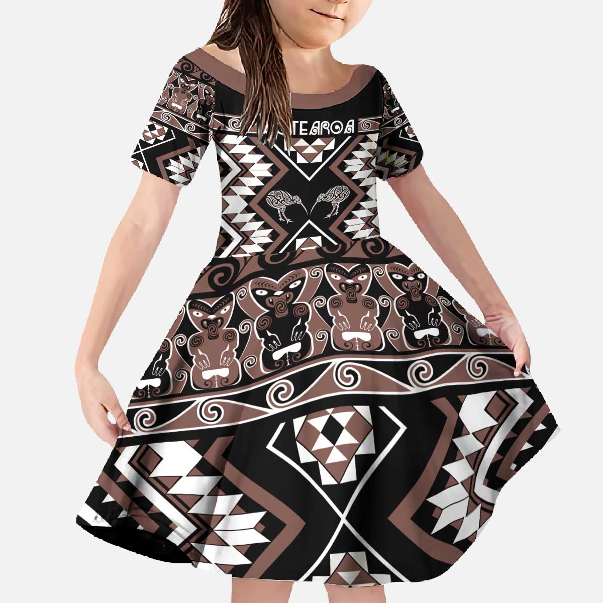 Personalised Taniko Motifs Aotearoa Family Matching Off The Shoulder Long Sleeve Dress and Hawaiian Shirt Waitangi Kowhaiwhai Kiwi - Mocha