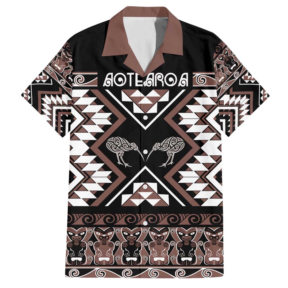 Personalised Taniko Motifs Aotearoa Family Matching Off The Shoulder Long Sleeve Dress and Hawaiian Shirt Waitangi Kowhaiwhai Kiwi - Mocha