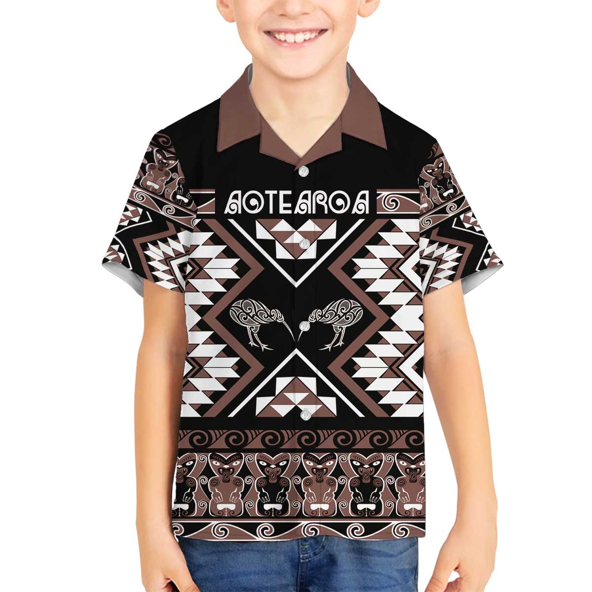 Personalised Taniko Motifs Aotearoa Family Matching Off The Shoulder Long Sleeve Dress and Hawaiian Shirt Waitangi Kowhaiwhai Kiwi - Mocha